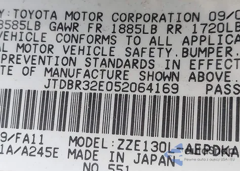 2005 Toyota Corolla Ce z USA, uszkodzony, nr VIN JTDBR32E052064169